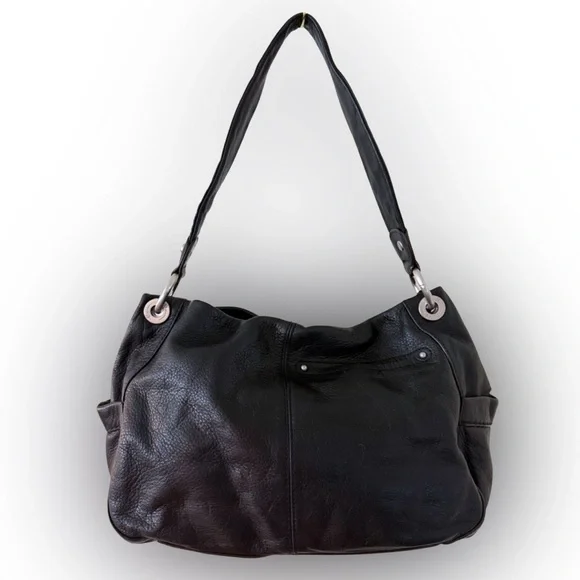 Y2K B. Makowsky Black Leather Silver Buckle Tote Shoulder Bag - Picture 2 of 7